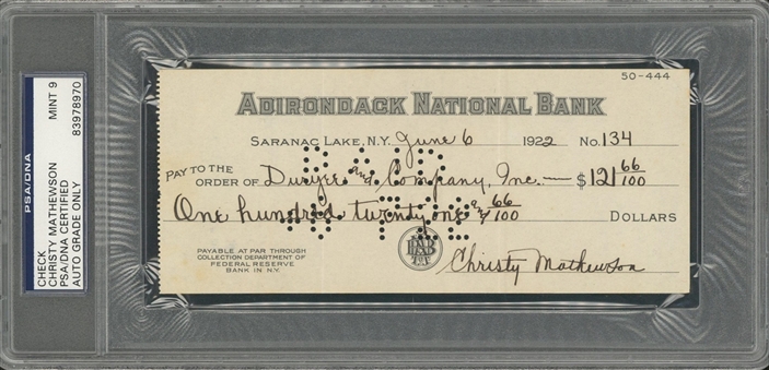 1922 Christy Mathewson Signed Check (PSA/DNA MINT 9)